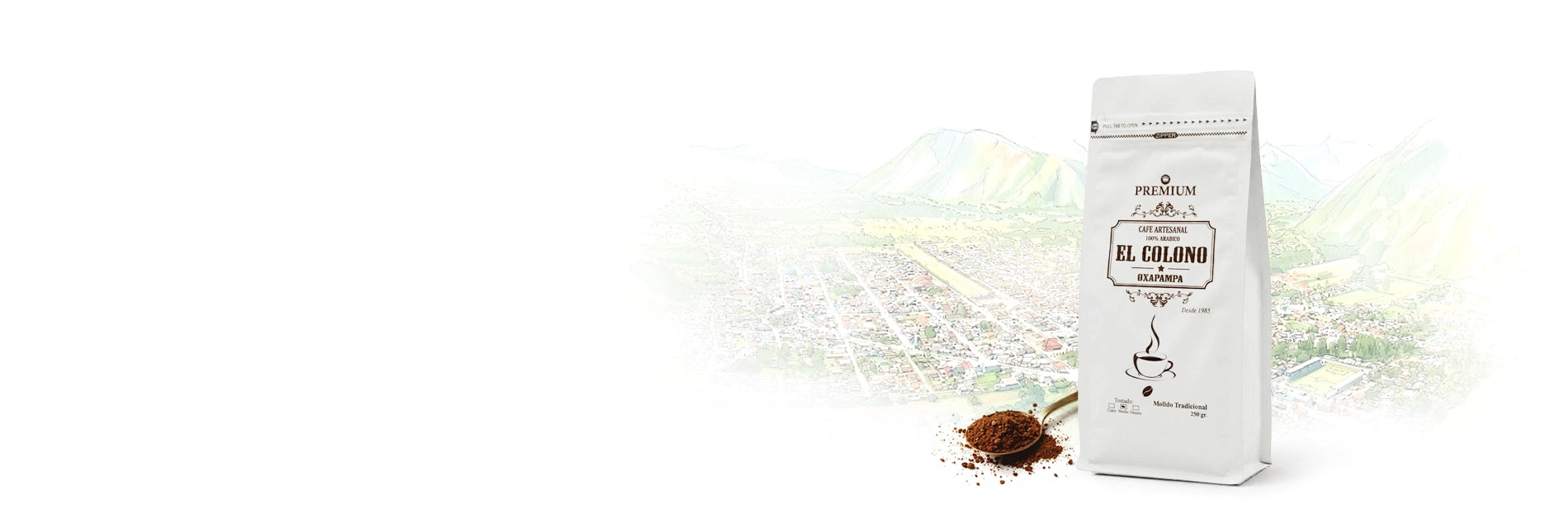 Bolsa de café molido El Colono con café recién molido y una rama de cafeto