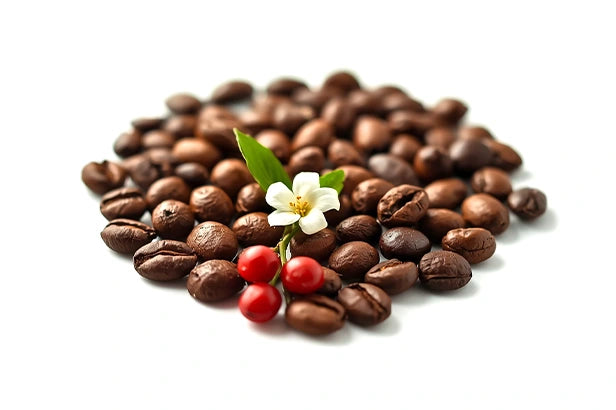 Granos de café tostado de Oxapampa con una flor de cafeto sobre fondo blanco